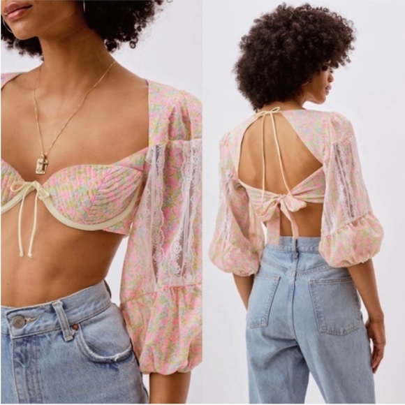 For Love And Lemons Floral Lace Bra Top - Pink and Yellow - Picture 2 of 5